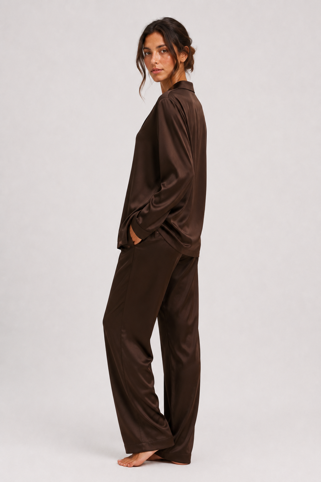 Bymidnightly Satin Long PJ Set – Cocoa Noir