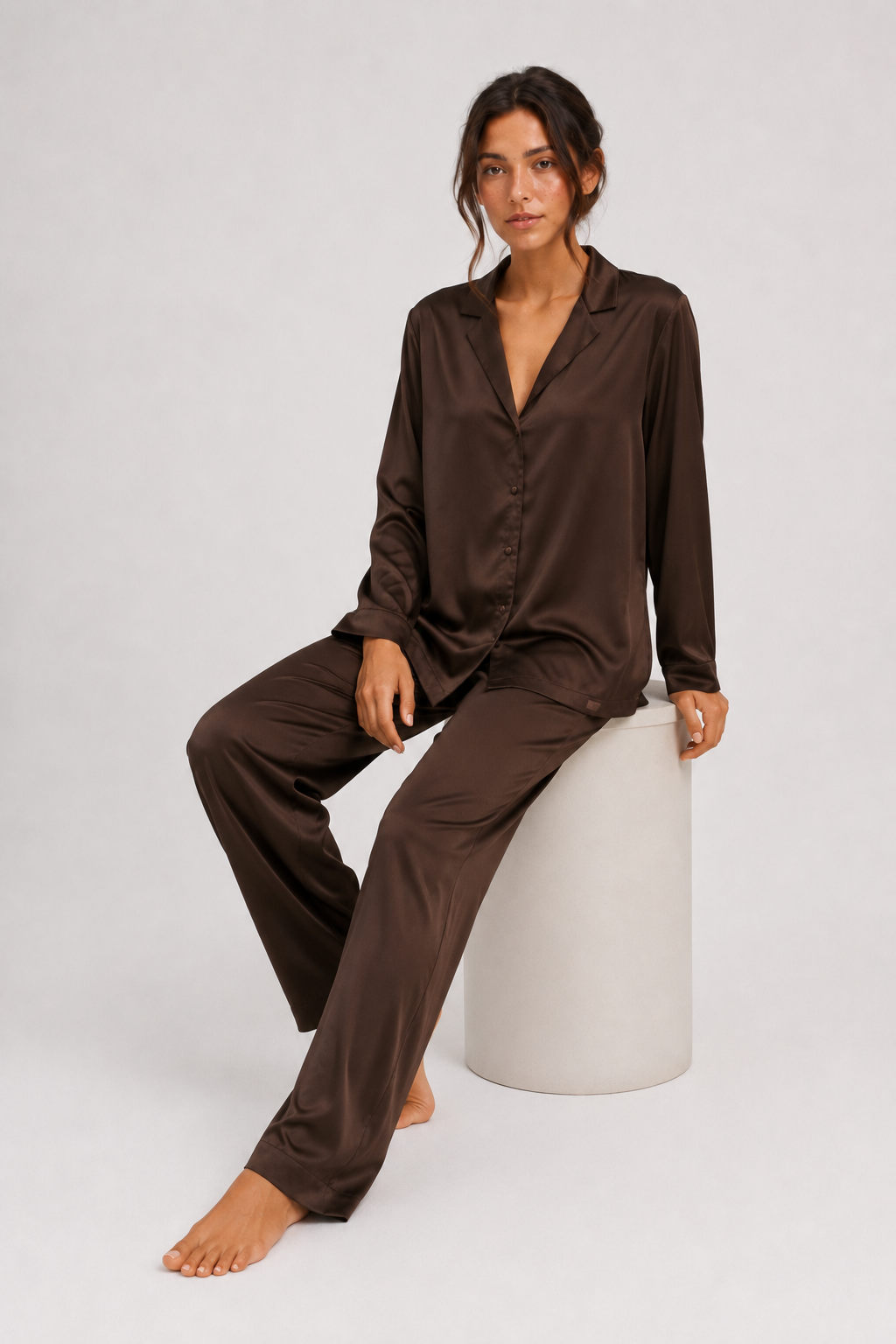 Bymidnightly Satin Long PJ Set – Cocoa Noir