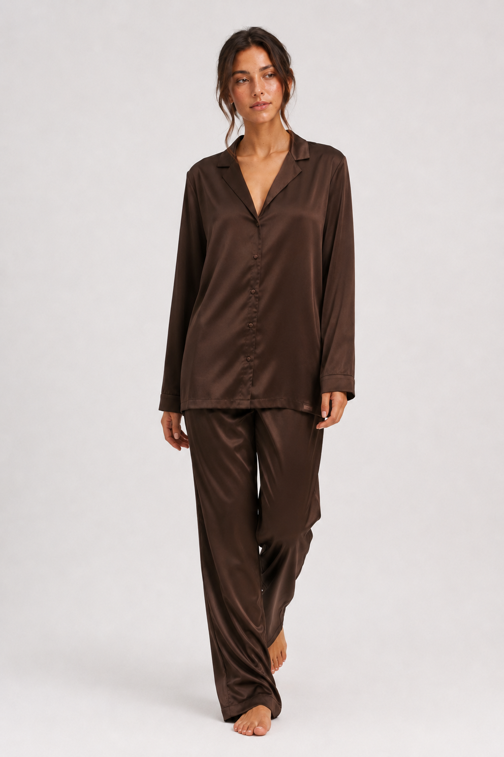 Bymidnightly Satin Long PJ Set – Cocoa Noir